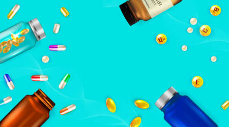 Pharmacology background, medicine card, Pharmacy Posters, healthcare presentation, Medication Concept. Template design with drugs and Pills, capsules. Copy spaceのイラスト素材