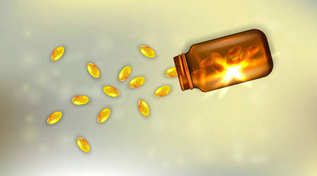 Pharmaceutical product background. 3d realistic Medicine bottle with pills or dragee. Capcule of vitamin D3 or omega 3 pill.のイラスト素材