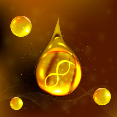Oil drop essence. Gold shining pill with DNA helix. Coenzyme Q10 drop.のイラスト素材
