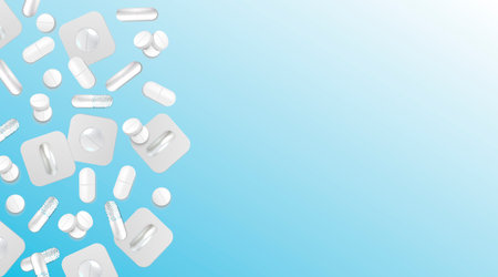 Pharmacology background, medicine card, Pharmacy Posters, healthcare presentation, Medication Concept. Template design with drugs and Pills, dragees, capsules and medical bottles. Copy spaceのイラスト素材
