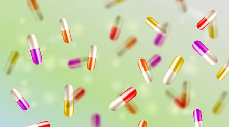 Medical background. Medical falling blurred capsules. Falling pills. Health care background. Pharmaceutical background.のイラスト素材