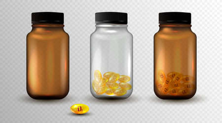 Medicine glass bottle isolated on transparent background. 3d realistic Medicine bottle full of pills or dragee. Pharmaceutical product packaging mockup.のイラスト素材