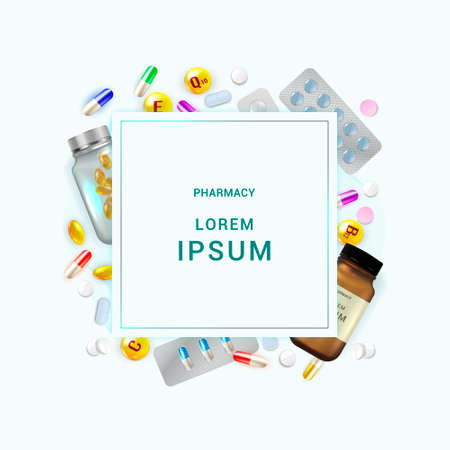 Medical background. Pharmacy and drug banner. Realistic pills and Tablets in blisters.の写真素材