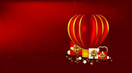 Red Valentine's Day background with 3d various hearts and gift boxesの写真素材
