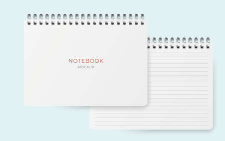 Vector realistic horisontal notebook with lined paper sheet. Spiral notepad blank mockup A4.のイラスト素材