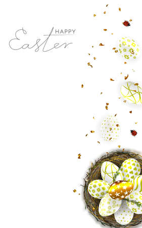 Happy Easter day. Easter banner template with Easter eggs in the nest.のイラスト素材