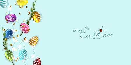 Happy Easter day. Easter banner template with Easter eggs.のイラスト素材