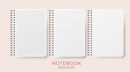 Realistic vector opened notebook mockups set. Vertical blank copybook. Spiral notepad blank mockup A4.のイラスト素材