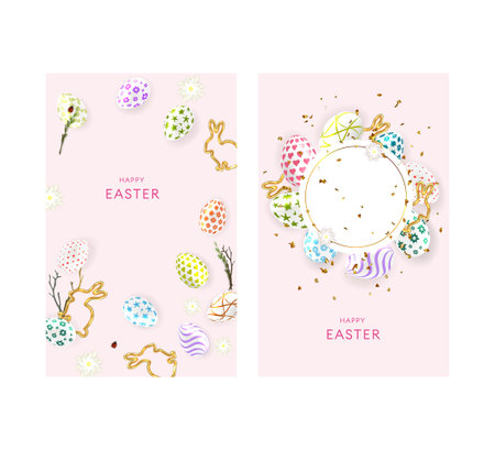 Easter posters set with colorful eggs and decorations.のイラスト素材