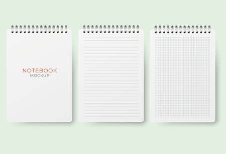 Realistic vector opened notebook mockups set. Vertical blank copybook. Spiral notepad blank mockup A4.のイラスト素材