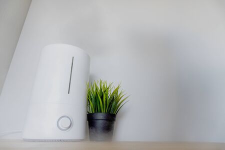 White working aroma oil diffuser on table near green grass on a pot. A lot of stream.の写真素材