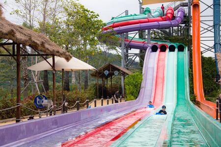 Pattaya, Thailand, August, 3, 2019, Ramayana waterpark sliders with small poolのeditorial素材