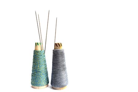 Sock, thread, needles are on white background, isolated, knitting concept.の写真素材