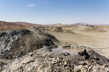 Mud active volcanoes in Azerbaijan. Good for banner, enough space for text.の写真素材