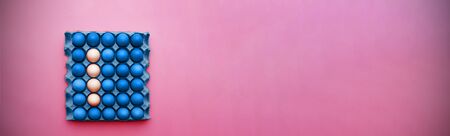 Close up of chicken classic blue eggs in carton box on pink background, view from the top, enough place for the text on a side, banner, color of the year 2020, easter conceptの写真素材