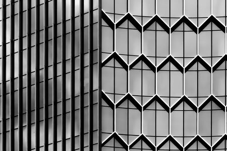 View at the bussiness building with geometric architecture, art deco. Close up. Urban life, minimalistic concept. Black and white.の写真素材
