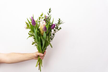 Mans hand holds bouquet of beautiful flowers with tulips, protea, eucalyptus on white background.の写真素材