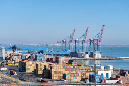 Odessa, Ukraine, February 28, 2020. View at the sea port, commercial, a lot of goods in colorful containers, trading concept. Huge industry, country delivery.のeditorial素材