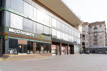 Kiev, Ukraine, March 27, 2020, Kiev, Ukraine, view at empty entrance of metro Khreschatyk and mcdonalds at quarantine time.のeditorial素材
