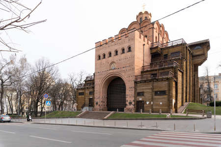 Kiev, Ukraine, March 27, 2020, view at Golden Gate at empty street at quarantine time..のeditorial素材