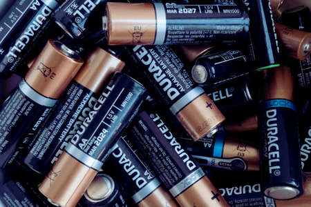 Kiev, Urkaine, 16 June 2020, Closeup at pile of Duracell AA alkaline batteries.のeditorial素材