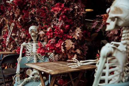 Halloween decoration near cafe or restaurant, modern skeletons sitting, talking, using mobile phones, having fun like people outdoor.の写真素材