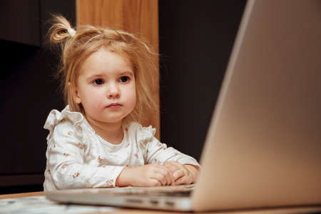 Cute little caucasian toddler using and watching laptop for learning and fun.の写真素材