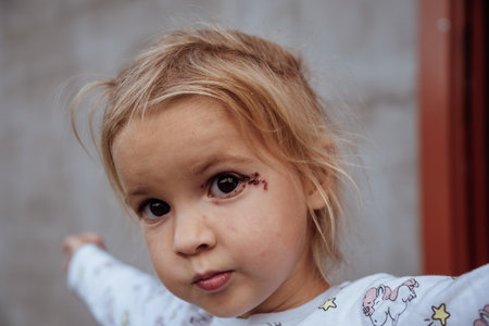 Portrait of a little happy child with a wound on the face. Problem with skin. Portrait of sick child with dark clever eyes.の写真素材
