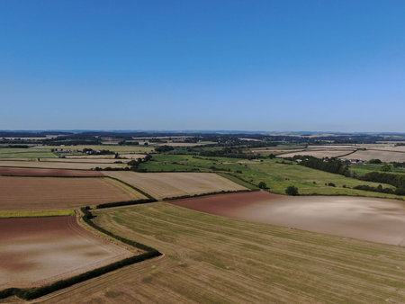 an aerial view of rolling ploughed farmland in the summer