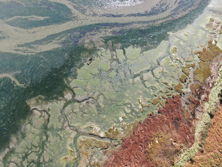 aerial view from above of patterns in the harbour and coastline