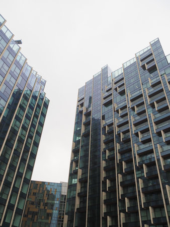 distinctive and modern high rise buildings in the docklands area of London