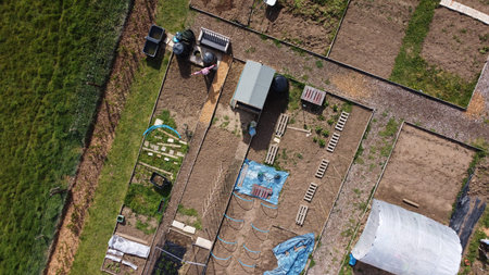 An aerial view of some allotments surrounded by fields