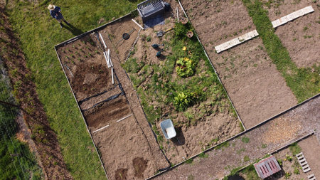 An aerial view of some allotments surrounded by fields