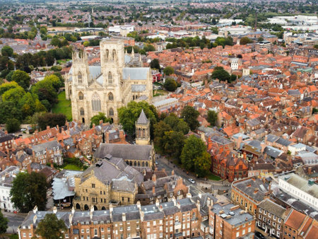 An aerial photograph of York Minster and the centre of the historic city of Yorkの写真素材
