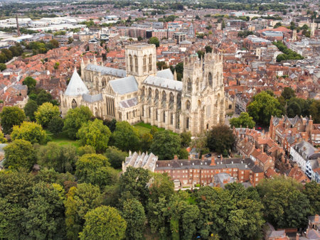 An aerial photograph of York Minster and the centre of the historic city of Yorkの写真素材