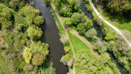 aerial view of a parkland near a river riverの写真素材
