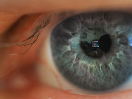 close up of an blue eye with a reflection of a monitor showing a blue eye in the iris