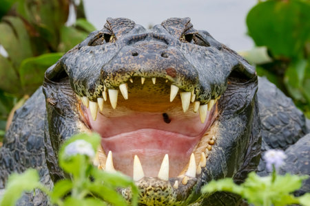 Close-Up front view of a big Yacare Caiman with open mouth and huge fangs framed with green leaves, Pantanal Wetlands, Mato Grosso, Brazilの写真素材