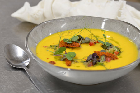 Pumpkin soup with croutons and microgreens.の写真素材