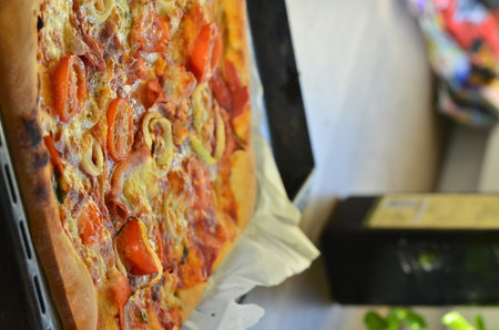 Pizza on the table in the cafe. Selective focus.の写真素材