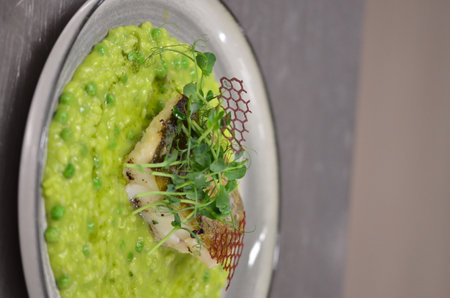 baked fish and Seafood with pea puree risotto and microgreens on a plateの写真素材