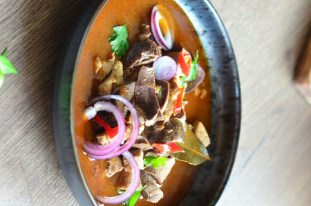gulas with pieces of meat, liver, shoulder and heart, traditional Czech butcher gulas, served food...