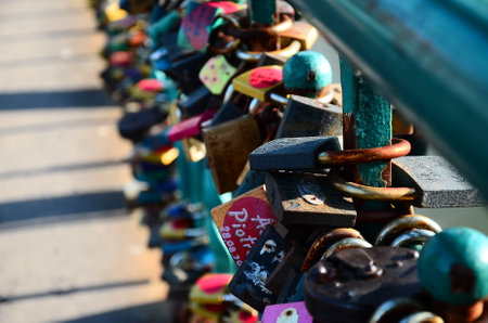 Love locks on the bridge in Prague, Czech Republic. Selective focus.の写真素材