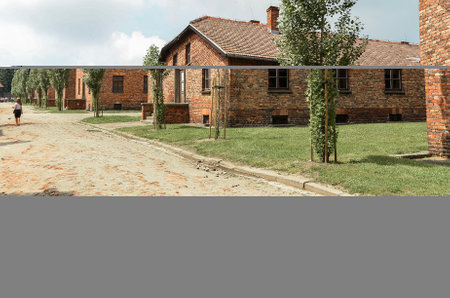 Abandoned brick house with green grass and blue sky background.の写真素材