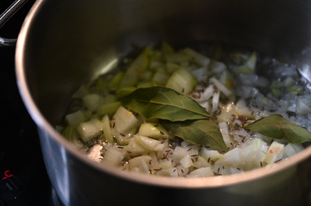Preparation of a soup with onions and spices in a potの写真素材