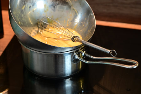 Preparing and Whisking Eggs for Hollandaise Sauce â Culinary Process in a Silver Mixing Bowlの写真素材