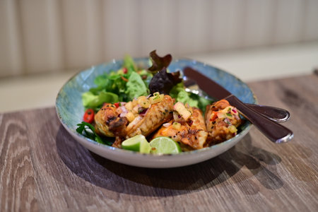 Gochujang Chicken Wings with Spicy Colorful Salad and Pineapple Salsa - Street Food Styleの写真素材
