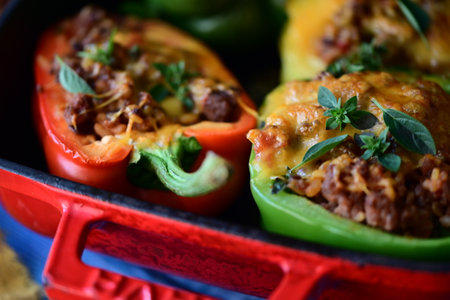 Stuffed peppers with minced meat, cheese and vegetables. Selective focus.の写真素材