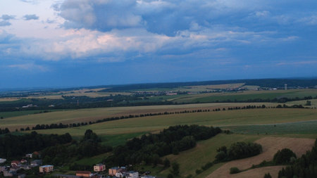 Panoramic view of the village and fields in the evening. Hnevosice, Czech Republic, Silesiaの写真素材