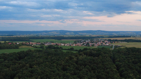 Aerial view of the village in the middle of the forest.